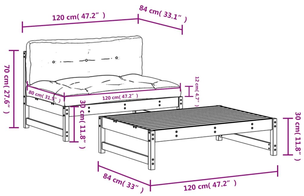 2 pcs conjunto lounge de jardim com almofadões madeira maciça