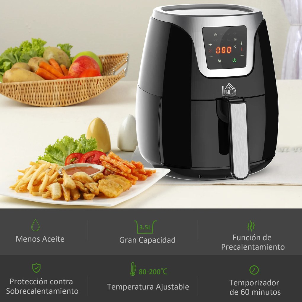 HOMCOM Fritadeira sem Óleo 3,5L Fritadeira de Ar Inteligente 15000W com Tela Tátil 7 Programas Temporizador Temperatura Ajustável e Desligamento Automático 34,4x28,1x30,6cm Preto