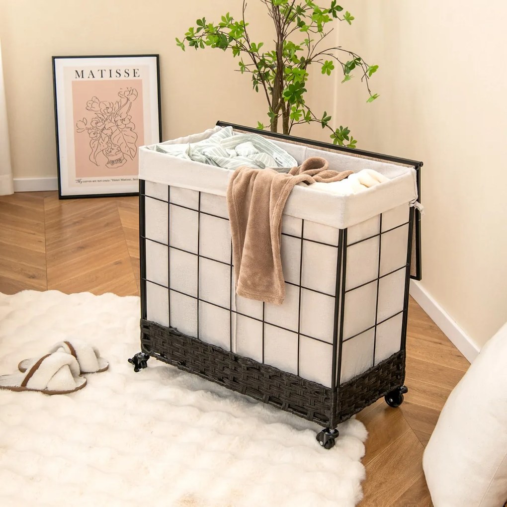Cesto para roupa suja 130 L  Com Separador em metal com rodas Tampa com fecho Tampa de madeira Saco com forro amovível Dividido Preto
