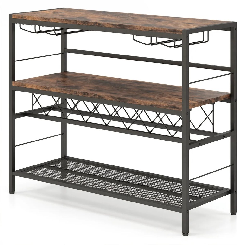 Garrafeira de vinhos de 4 níveis 104 cm Mesa de bar de vinhos com arrumação e 4 filas para copos Estante de vinhos para cozinha Castanho