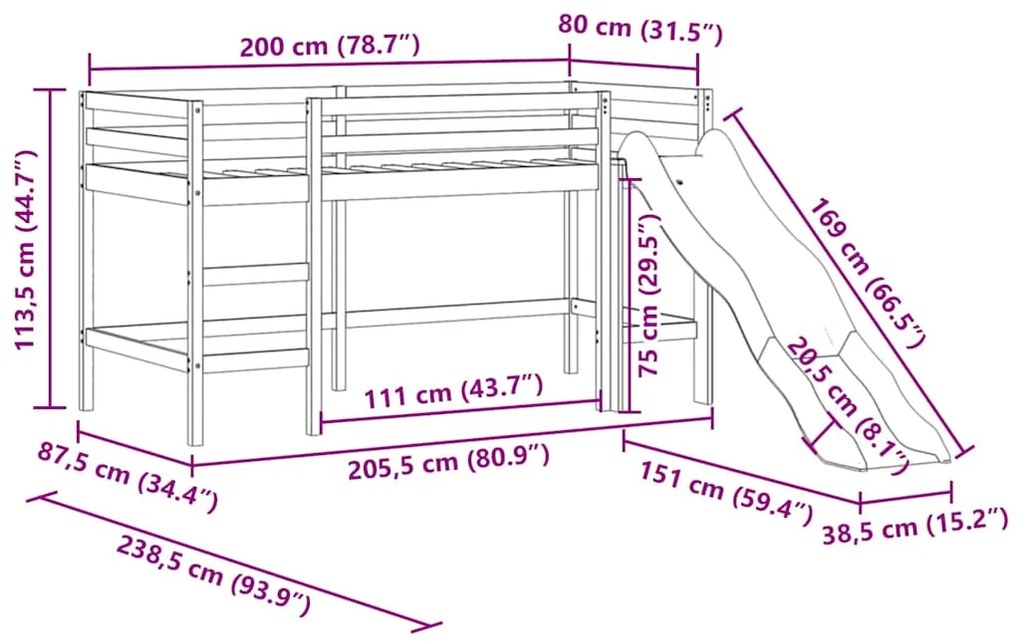 Cama alta p/ criança c/ escorrega 80x200 cm pinho maciço branco