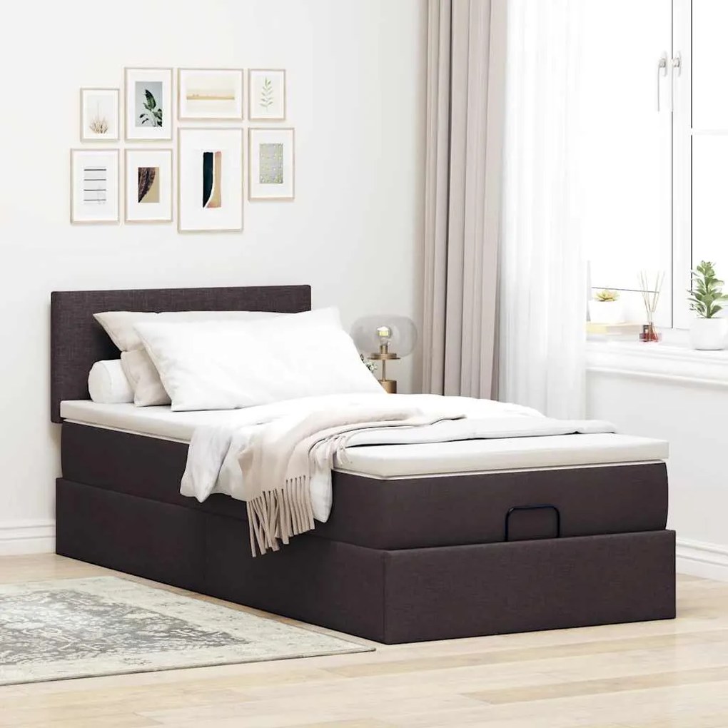 Estrutura cama otomana colchão 90x190 cm tecido castanho escuro