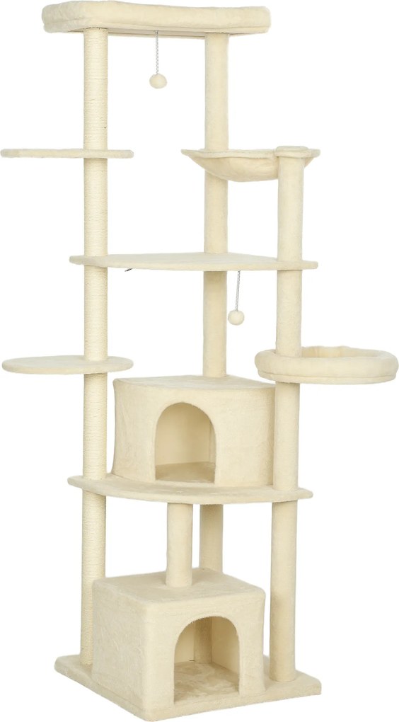 PawHut Arranhador Grande de 2 Metros para 2-3 Gatos, Postes para Arranhar, Tocas, Rede, Esconderijos, Design Multinível, Sisal, Madeira, Pelúcia, Bege | Aosom Portugal