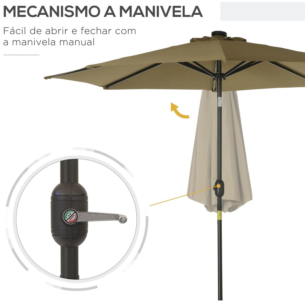 Chapéu de Sol de Jardim Ø268x238cm com 24 Luzes LED Solar Mecanismo de