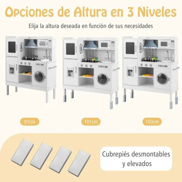 Cozinha de brincar madeira 83 x 29 x 103 cm para crianças a partir dos 3 anos com exaustor, máquina de gelo, telefone, 16 acessórios, sons e luzes rea