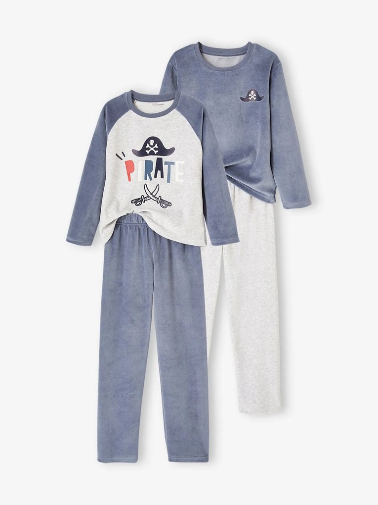 Lote de 2 pijamas piratas, em veludo, para menino azul-acinzentado