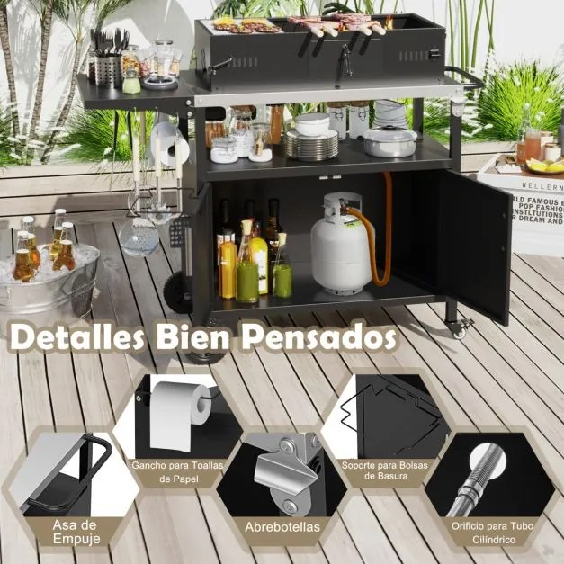 Carrinho cozinha de jardim para grelhados 127 x 50 x 84 cm com arrumação e tampo dobrável para churrasco em aço inoxidável Preto