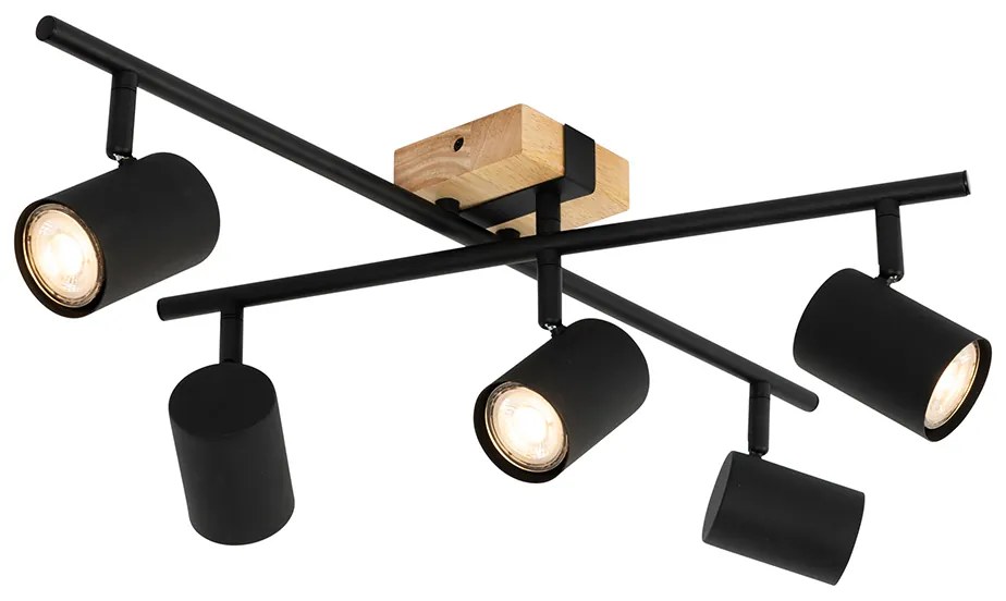 Candeeiro de teto preto com madeira 5 luzes ajustáveis retangular - Jeana Moderno,Industrial