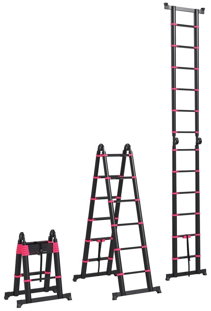 Escada de Alumínio Dobrável 2 Formas de Utilização Retrátil Escada Telescópica com 12 Degraus 67,5x11x379 cm Preto e Vermelho