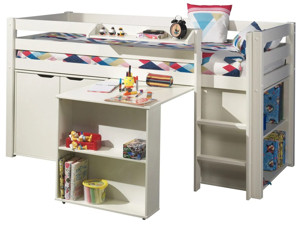 Conjunto Cama alta de Criança PINO 90 x 200 cm + estrado + escada + secretária extensível + uma estante + armário com 2 portas + prateleira suspensa B