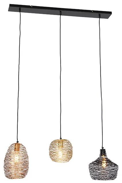 Candeeiro suspenso em ouro preto e cobre alongado de 3 luzes - Sarella Design