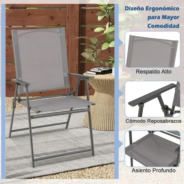 4 cadeiras jardim dobráveis com encosto alto Cadeiras de jantar para exterior em metal de tecido resistente Jardim Piscina Cinzento