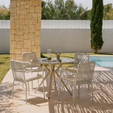 Conjunto De Mesa Redonda Ø125 Cm Valerie E 4 Cadeiras De Jardim Com Apoios De Braços Em Alumínio Alberta Moka Brown & Corda Cinza Claro - Sklum