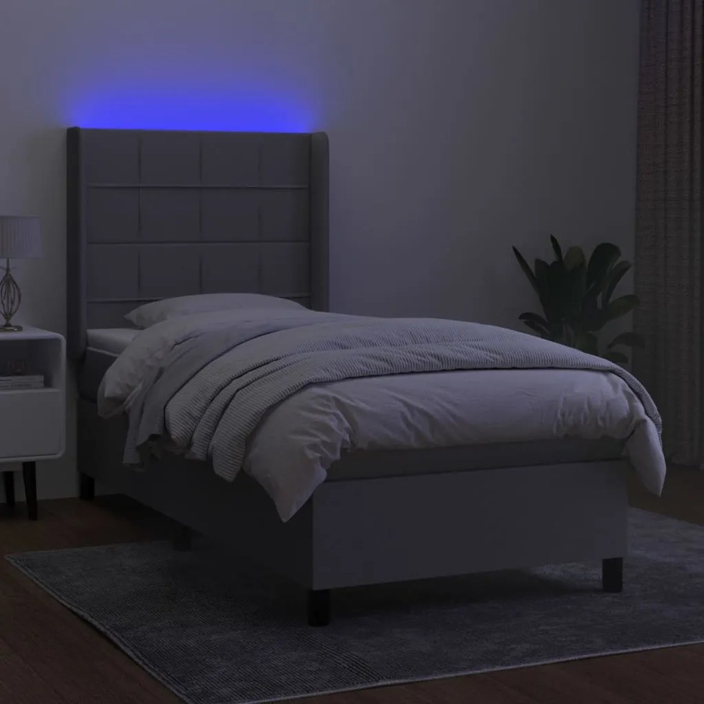 Cama box spring c/ colchão e LED 90x200 cm tecido cinza-claro