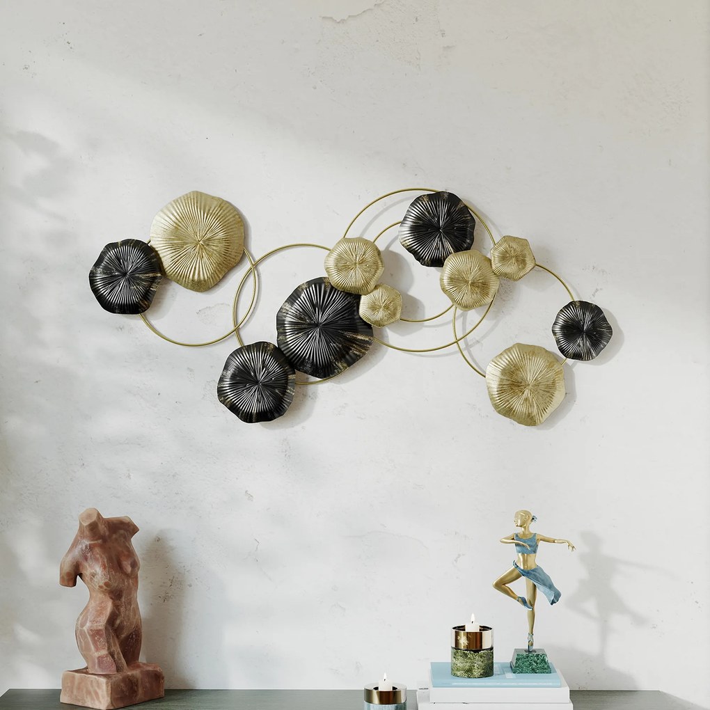 Decoração de Parede em Metal com Forma de Flor de Lótus Adorno para Sala Moderna Decoração 84x35 cm Dourado e Preto