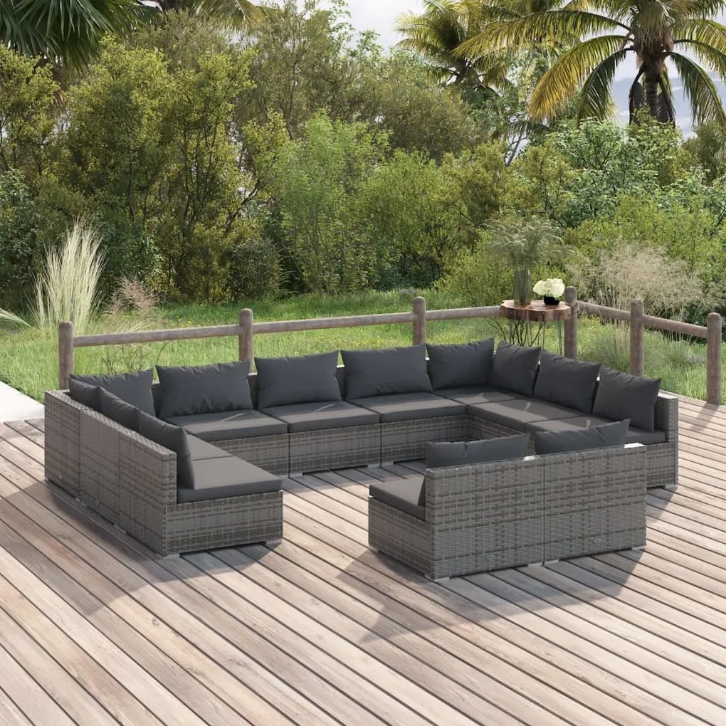 vidaXL 11 pcs conjunto lounge de jardim c/ almofadões vime PE cinzento