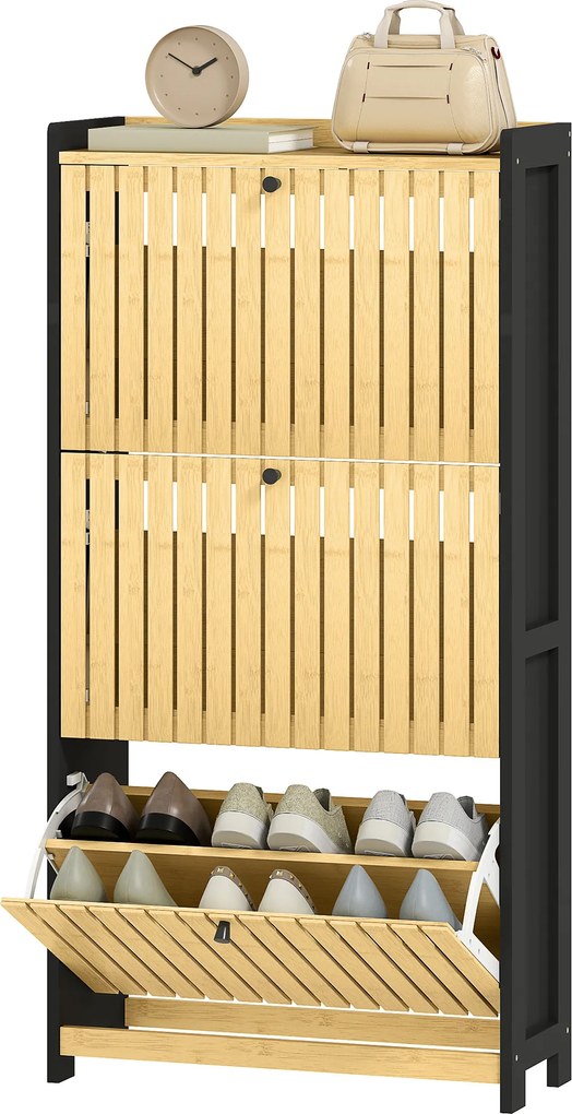 Sapateira com capacidade para 18 pares, com 3 gavetas rebatíveis, portas de bambu com ripas, 60 x 24 x 118 cm, preto e madeira natural