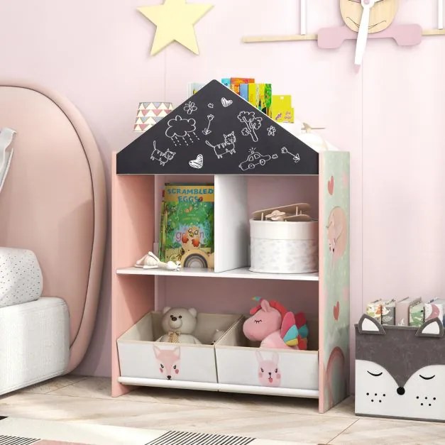 Estante em forma de casa para crianças Organizador de brinquedos em madeira com quadro branco 4 compartimentos 2 gavetas Rosa