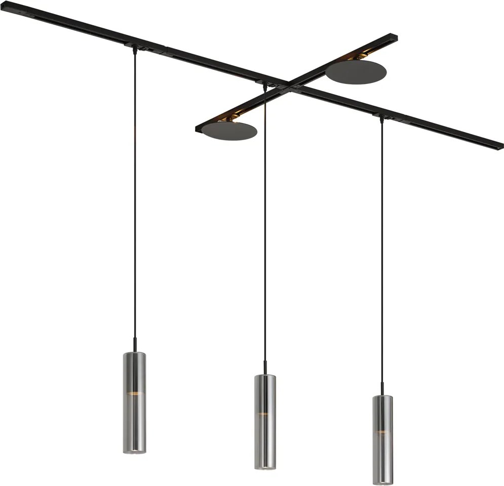 Sistema de calhas de iluminação moderno preto com 3 candeeiros suspensos e 2 candeeiros de teto monofásicos - Iconic Lloyd Pulley
