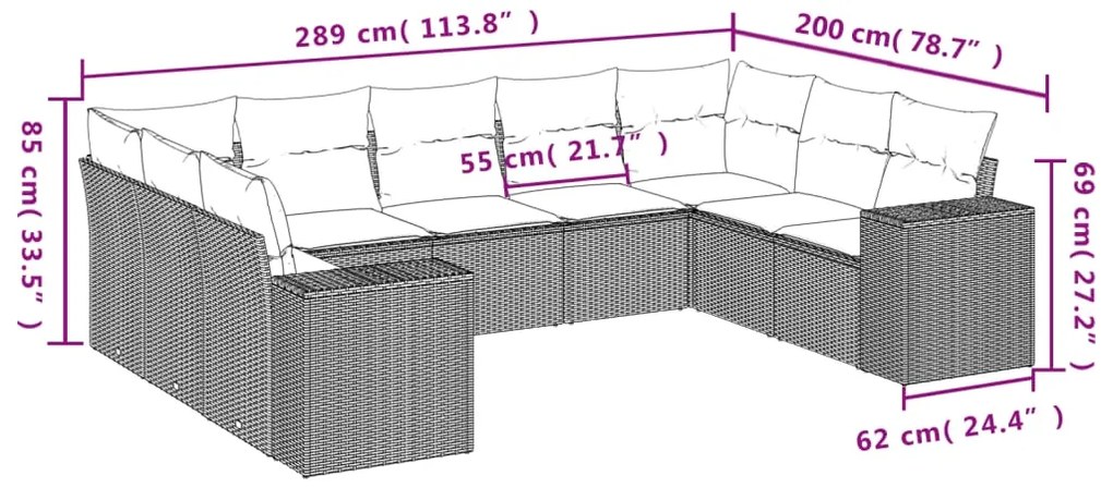 9 pcs conjunto de sofás p/ jardim com almofadões vime PE bege