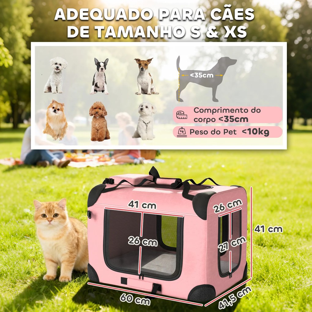 Transportadora Dobrável para Cães 60x41,5x41 cm com Janelas de Rede, Almofada Macia e 2 Alças para Mini Cães e Gatos Rosa