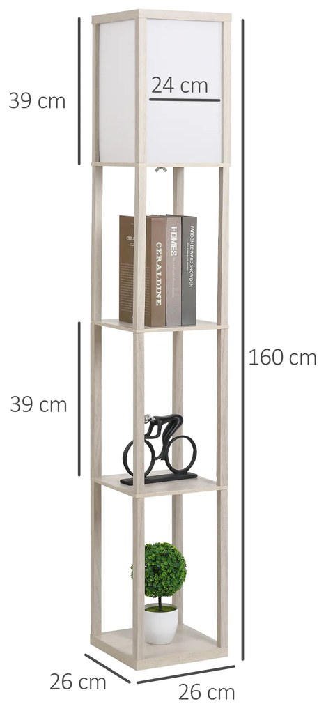 Candeeiro de Pé de Madeira com 3 Prateleiras De Armazenamento para Lâmpada E27 Potência Máx. 40W Candeeiro Moderno para Sala de Estar Dormitório 26x26