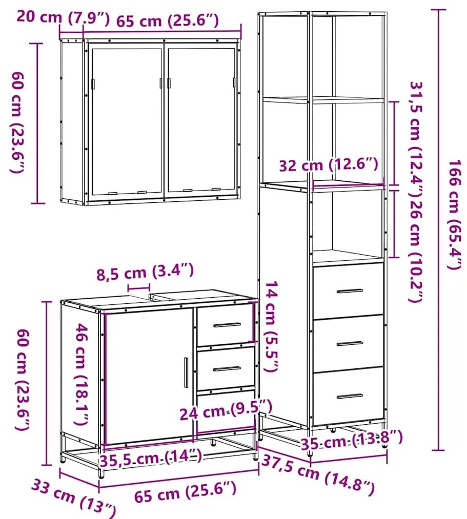 3 pcs Conjunto móveis casa de banho madeira proc. cinza sonoma
