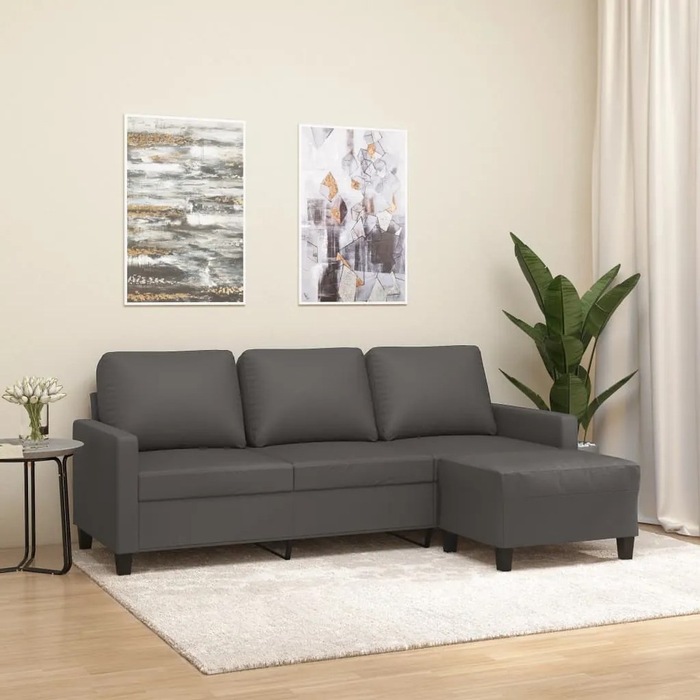 vidaXL Sofá de 3 lugares c/ apoio de pés 180 cm couro artificial cinza