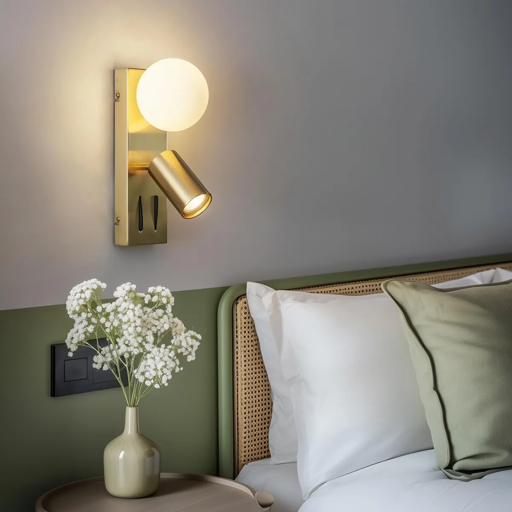 Candeeiro de Parede Moderno em Latão com 2 Luzes Ajustável com Porta USB-C - Lesly