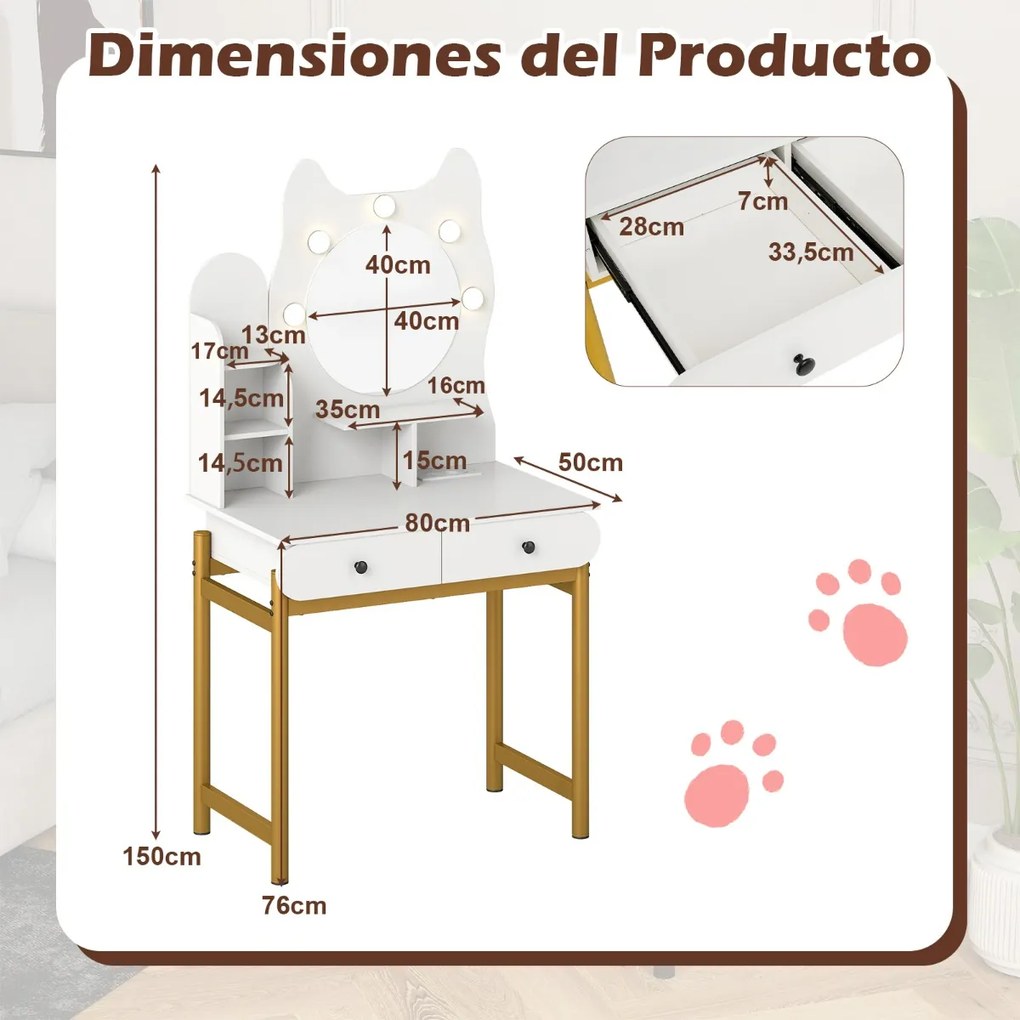 Toucador com espelho e luzes 80 x 50 x 150 cm em forma de gatinho com 3 modos de iluminação e brilho ajustável e 2 gavetas Branca