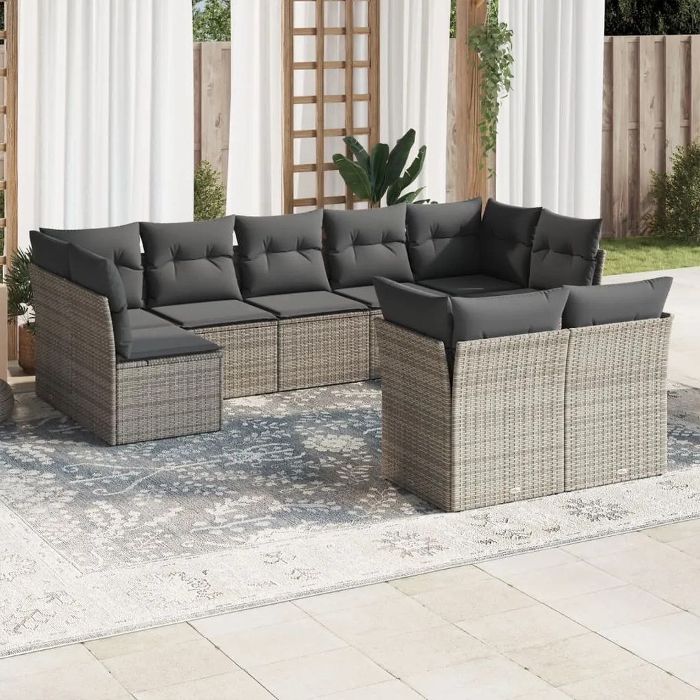vidaXL 9 pcs conjunto sofás p/ jardim com almofadões vime PE cinzento