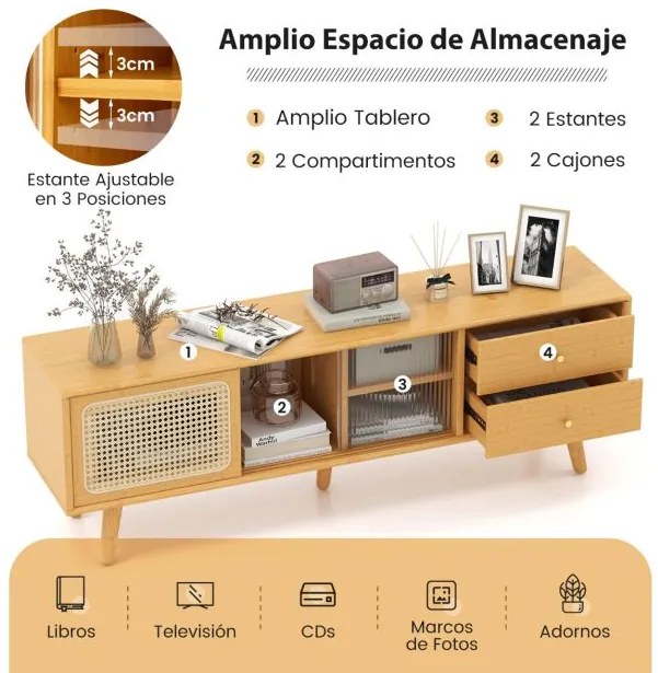 Móvel de TV 140 cm x 31 cm x 45,5 cm em bambu até 65'' com vidro e portas em rattan PE 2 gavetas Portas deslizantes para sala de estar Natural