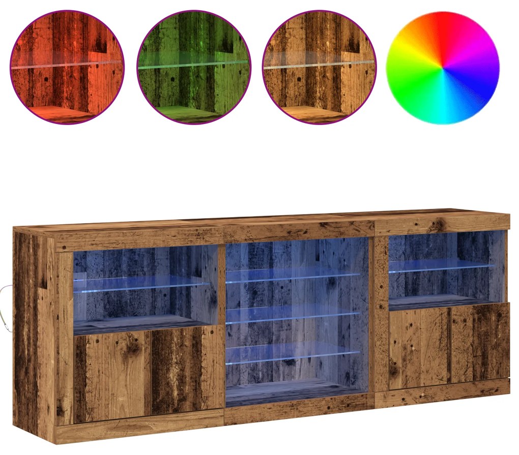 Aparador com Luzes LED Madeira Velha 181,5x37x67 cm Madeira Processada
