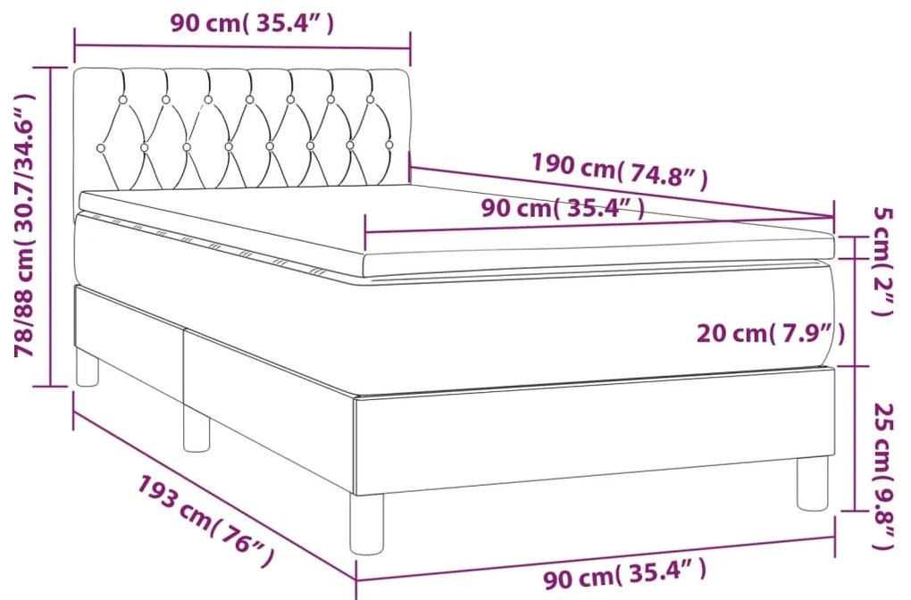 Cama box spring c/ colchão e LED 90x190 cm tecido preto