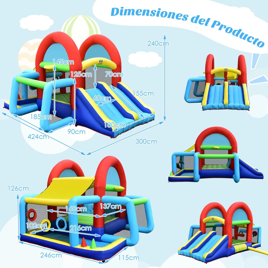 Castelo insuflável com Compressor 450 W para crianças Castelo Insuflável Área de Salto Duplo de Escalada Piscina de Parede de Escalada 424 x 300 x 240