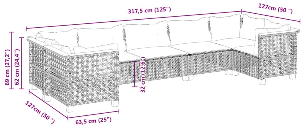 7 pcs conjunto de sofás p/ jardim com almofadões vime PE bege