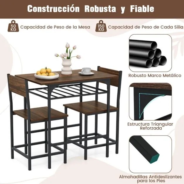Conjunto de mesa de jantar com 2 cadeiras com prateleira aberta, estrutura metálica castanho