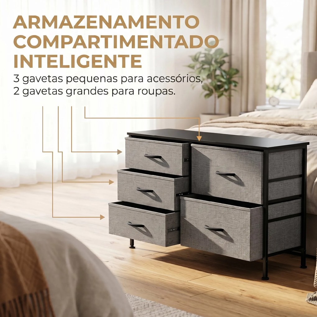 Cómoda com 5 Gavetas de Tecido com Estrutura de Aço Para Sala Escritório 100x30x53 cm Preto e Cinza Escuro