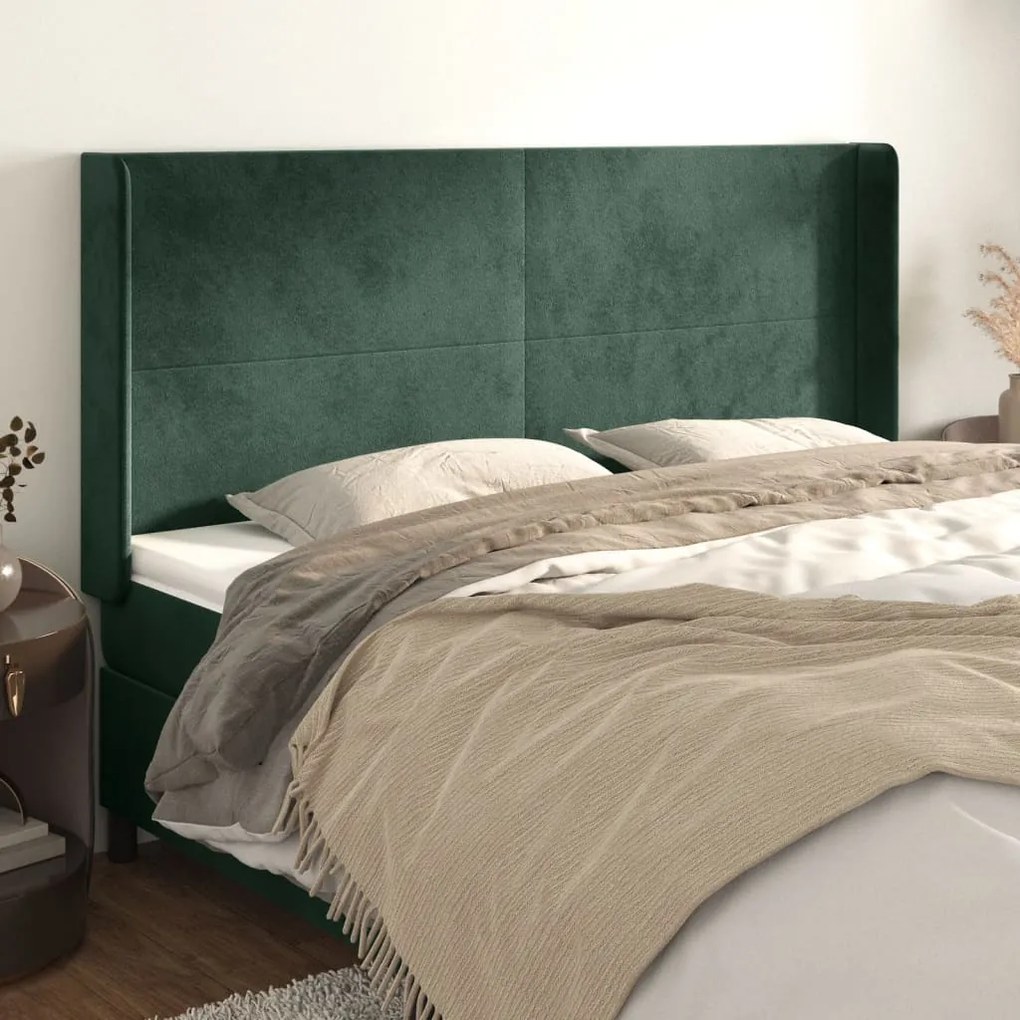 vidaXL Cabeceira cama c/ abas veludo 163x16x118/128 cm verde-escuro