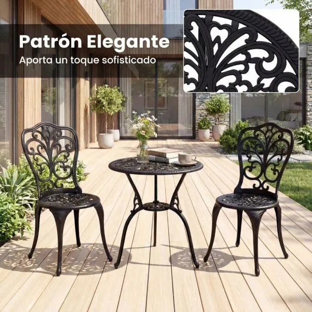 Conjunto de jardim de 3 peças em alumínio fundido: mesa e cadeiras com orifício para guarda-sol e encosto com design em forma de borboleta, para exter