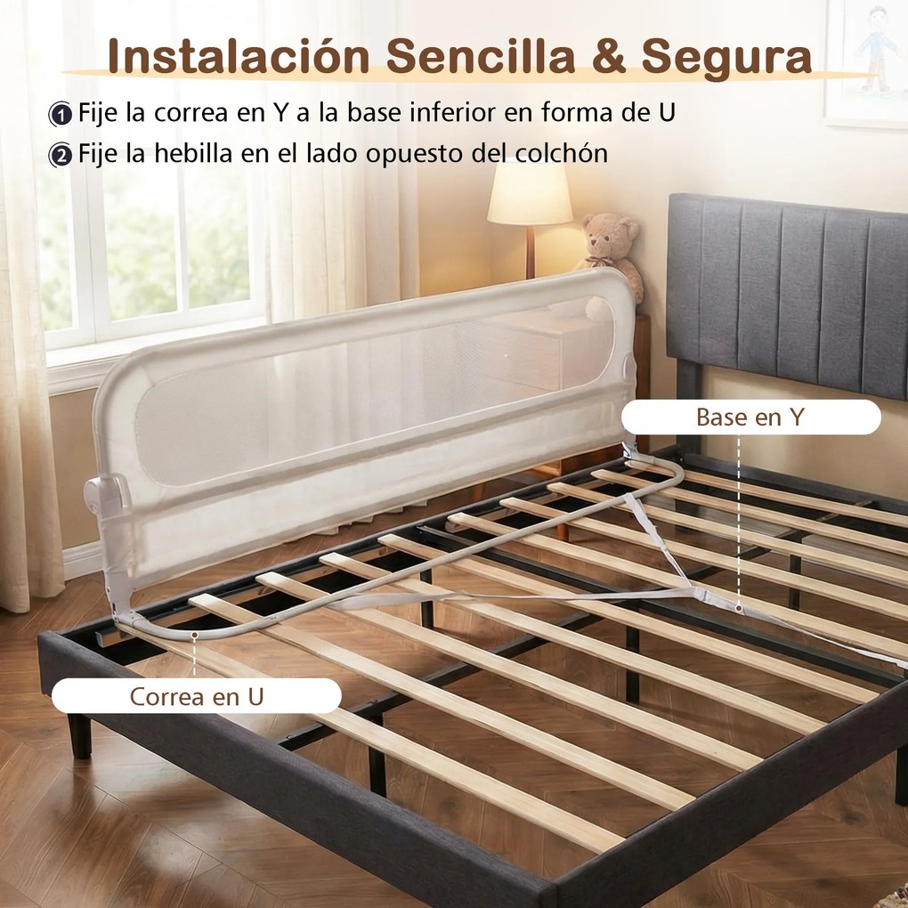 Conjunto 2 Barreiras segurança bebés dobrável para cama 178 / 198 x 36 x 60 cm com altura ajustável, capa removível em tecido Oxford, base em U e corr