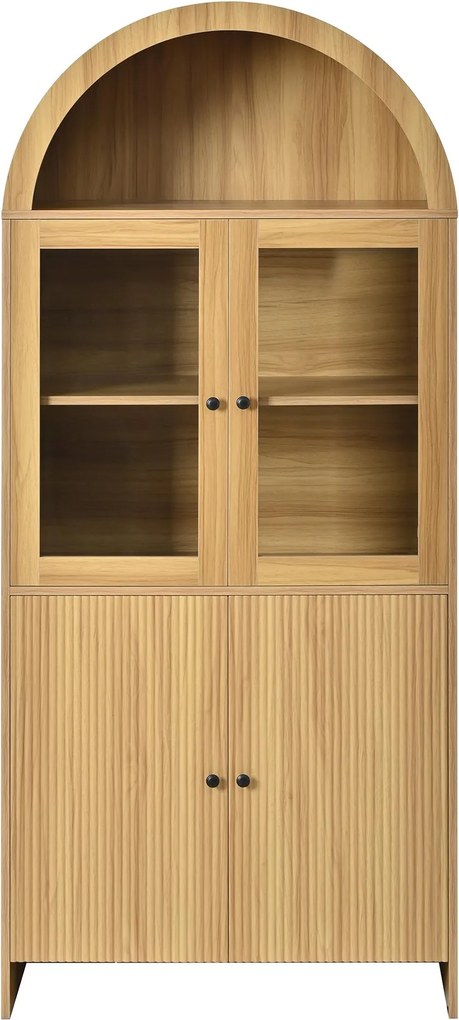 Aparador alto com tampo arqueado, portas vitrina de vidro, padrão ondulado, 78x40x176 cm, Cor natural| AOSOM Portugal