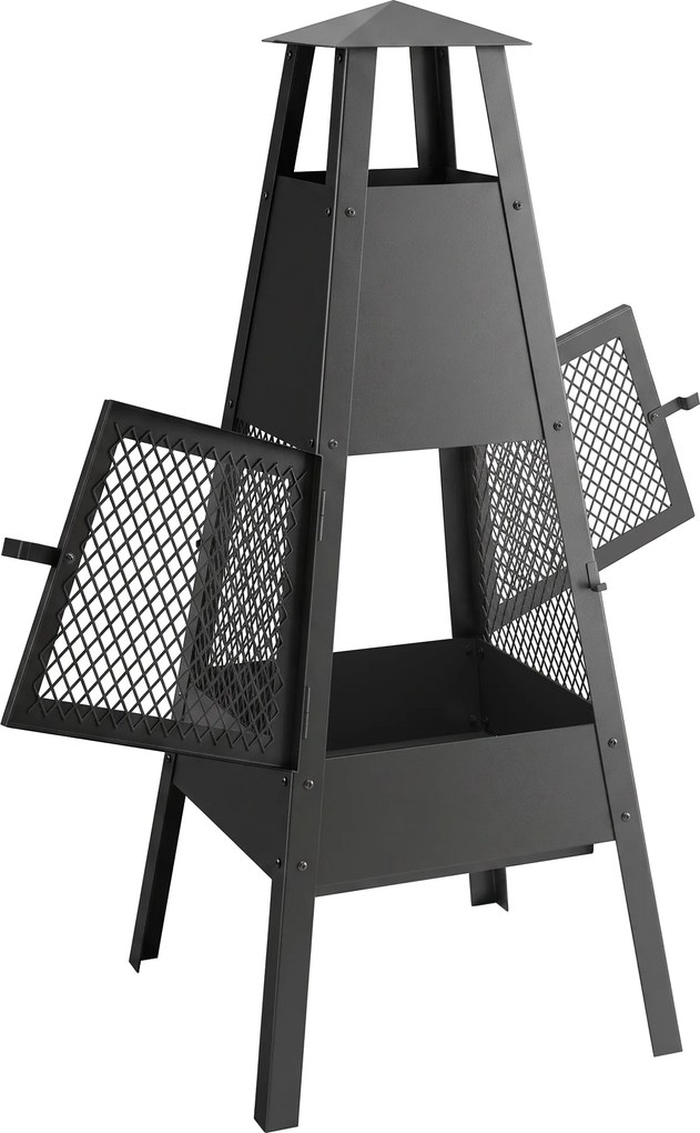 Braseiro de Exterior com Chaminé Cónica 41x40,5x97 cm em Aço Carbono com Malha de Proteção para Pátio e Terraço Preto