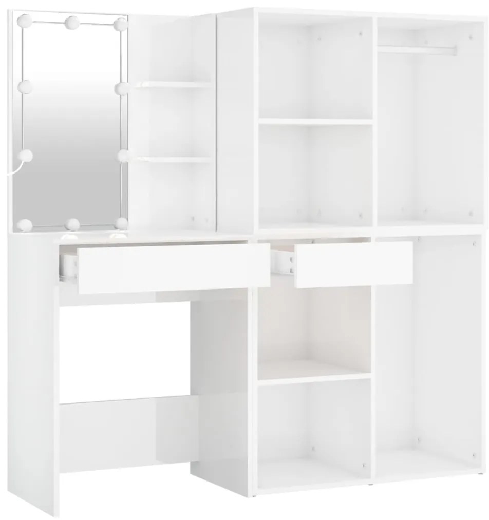Toucador 2 armários/luzes LED derivado madeira branco brilhante