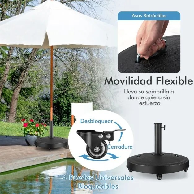 Base para guarda-sol de exterior, capacidade de carga de 23 kg com rodas, pegas, suporte de guarda-sol redondo de 52 cm para jardim e pátio
