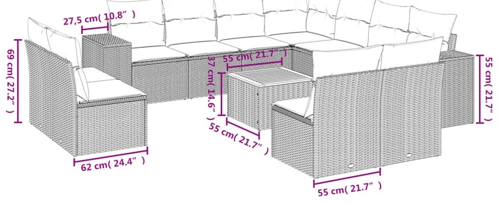12 pcs conjunto de sofás p/ jardim com almofadões vime PE bege