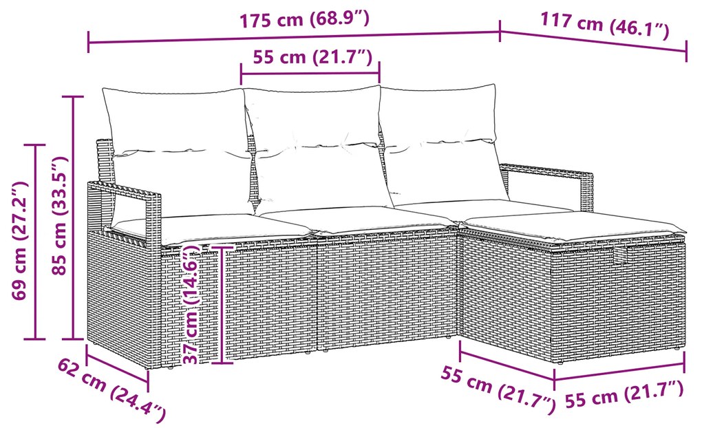 Conjunto de Sofá de Jardim vidaXL de 4 Peças com Almofadas Preto Ratta