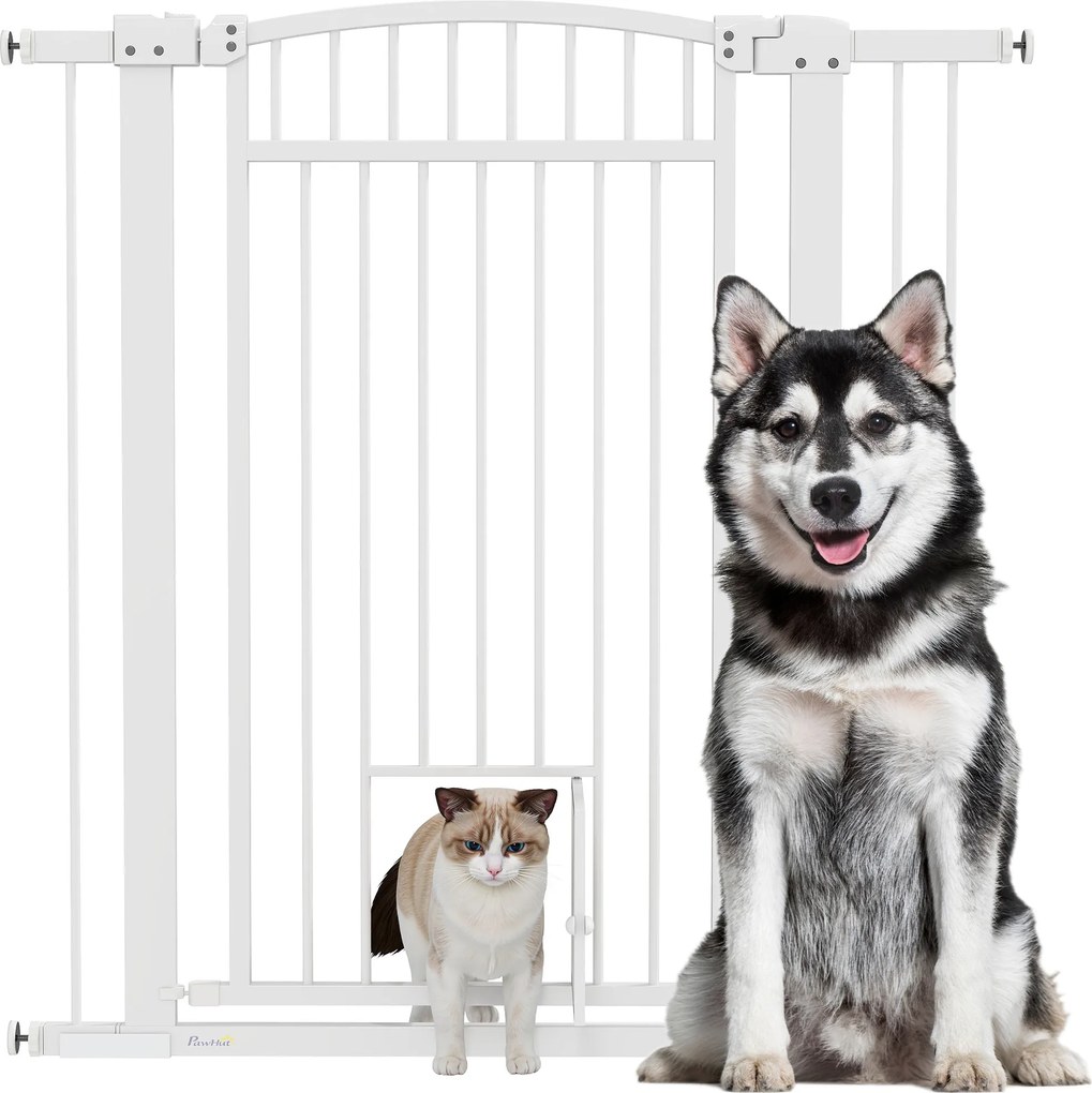 Barreira para cães, largura ajustável de 76 a 102 cm, barreira extra larga com porta para gatos, branca