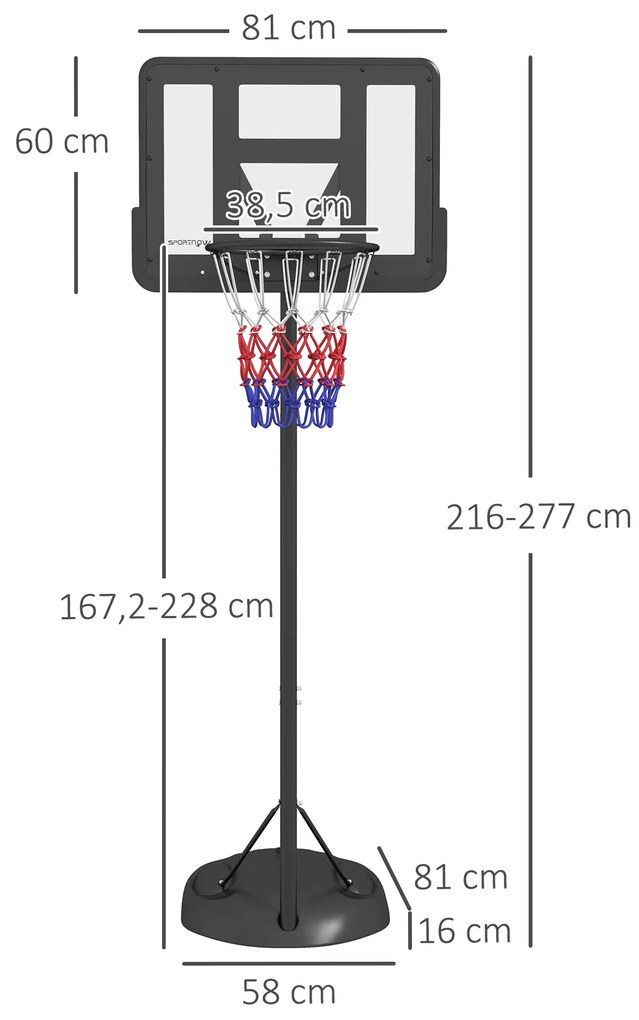 Cesto de Basquetebol com Altura Ajustável 216-277 cm Aro de Basquetebol para Exterior com Rodas e Base Recarregável Preto