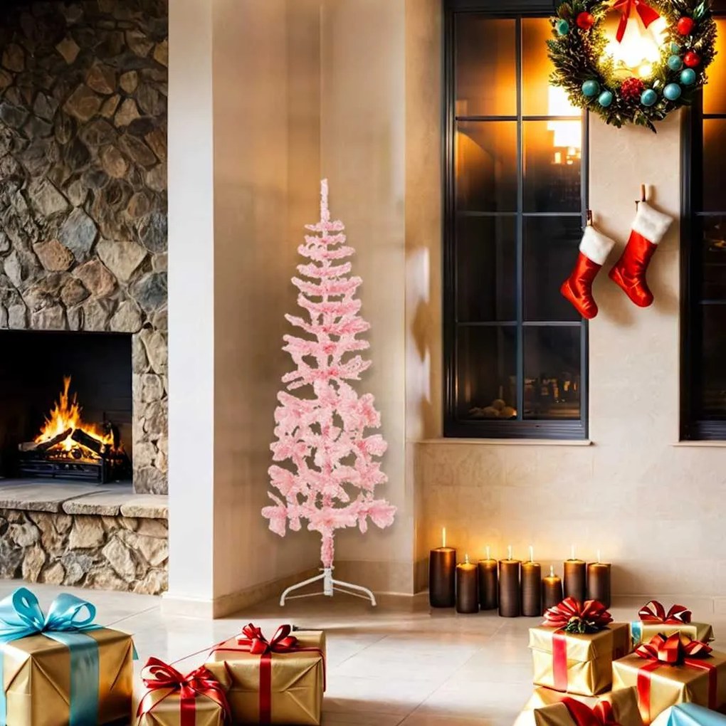 Meia árvore de Natal fina com suporte 150 cm rosa